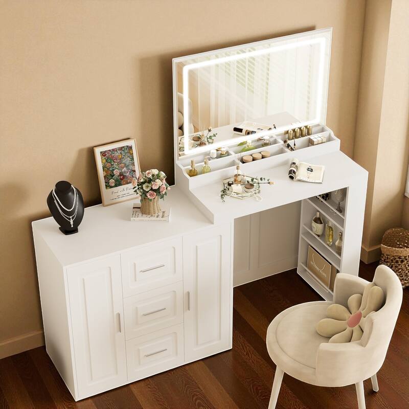 Makeup Vanity Table with Mirror and Lights, 59" Dressing Table with Storage Drawers and Cabinets
