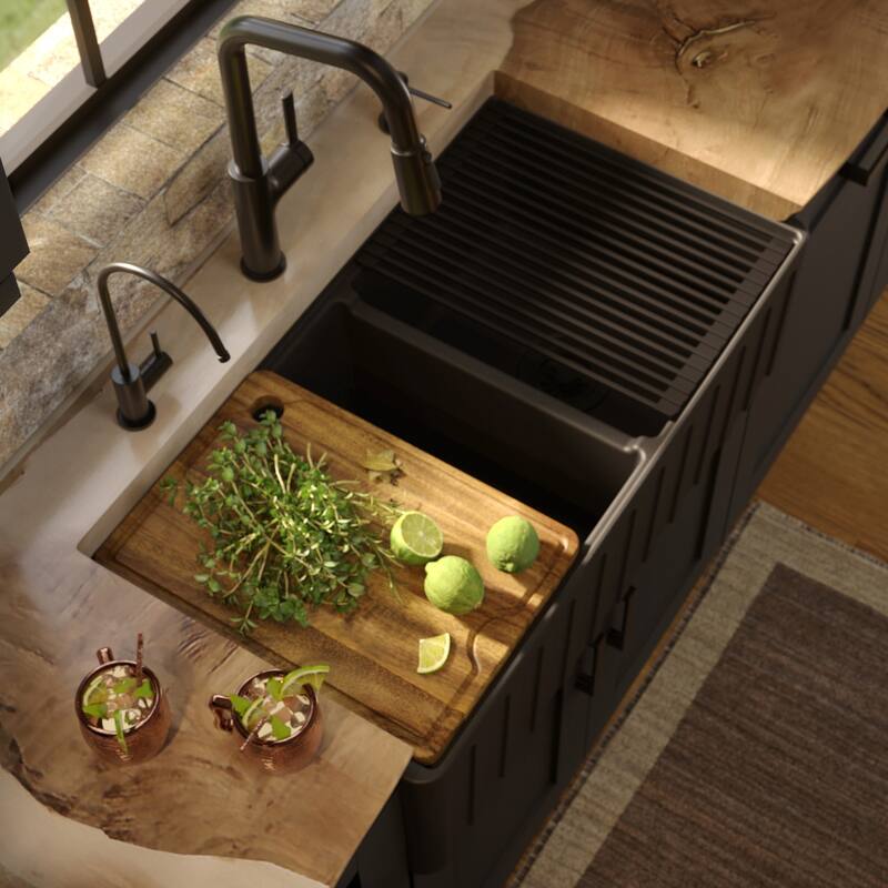 Karran 33" Double Bowl Workstation Fireclay Kitchen Sink with Reversible Fluted Apron Front