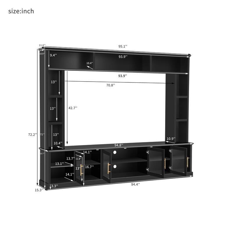 Entertainment Center Wall Unit for up to 80" TV, TV Stand with Bookshelves & Tempered Glass Doors