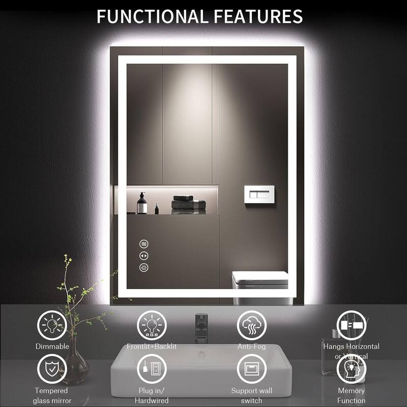 24x32 Inch Frameless LED Bathroom Mirror,Smart Mirror - White