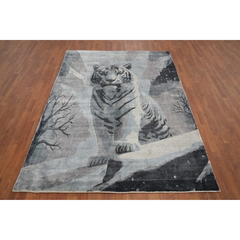 Hand Knotted Oriental Viscose Silk Carpet Modern Animal Pictorial Greys & Charcoal Abstract Area Rug - 7' 7'' X 5' 8''