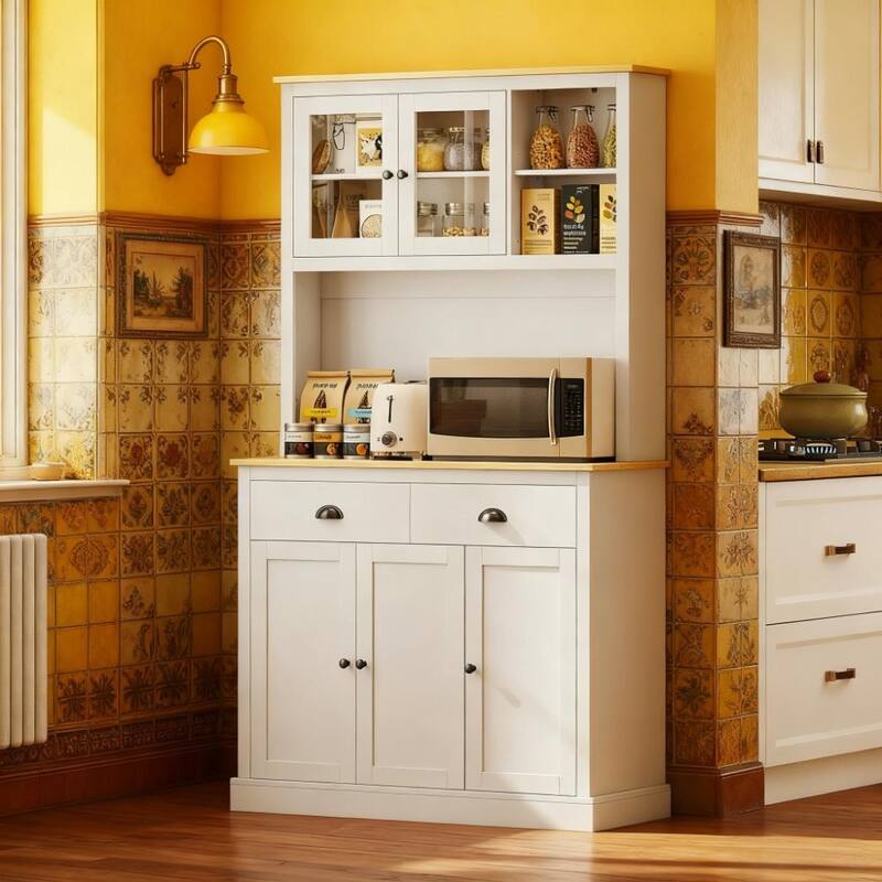 Kitchen Pantry Cabinet, 71" Tall Wood Storage Cabinet with Drawers, Shelves, 5 Doors Freestanding Cupboard with Countertop