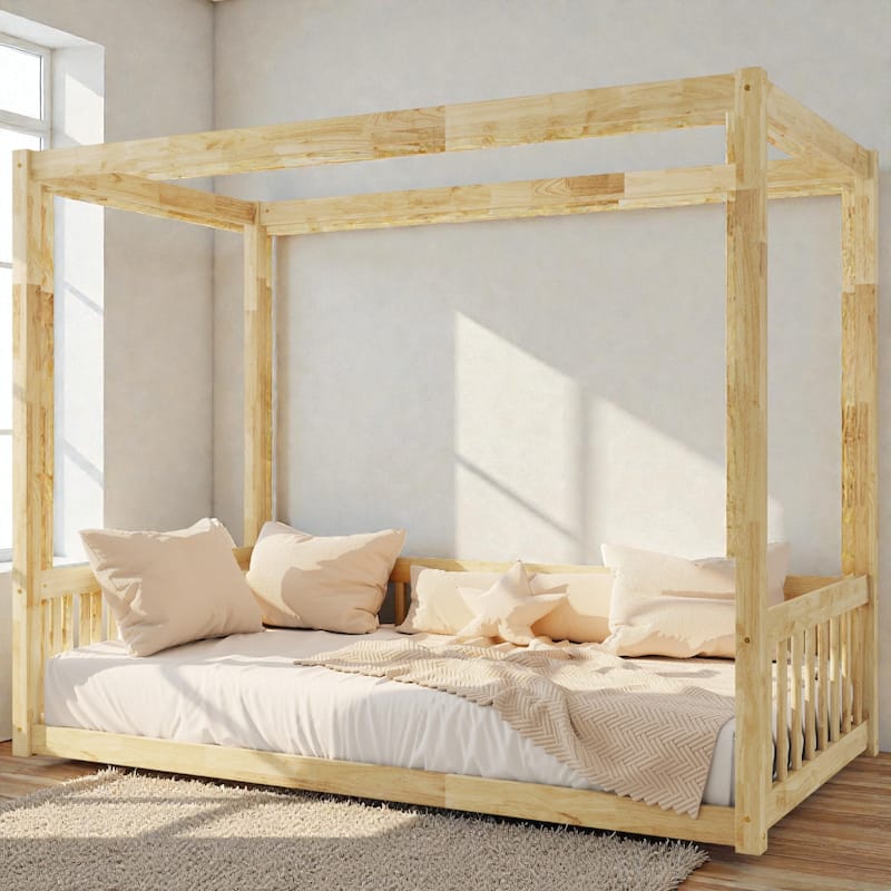 Twin Size Wooden Canopy Floor Bed with Guardrails and Fence, Low Profile Kids Bed Frame, No Box Spring Needed