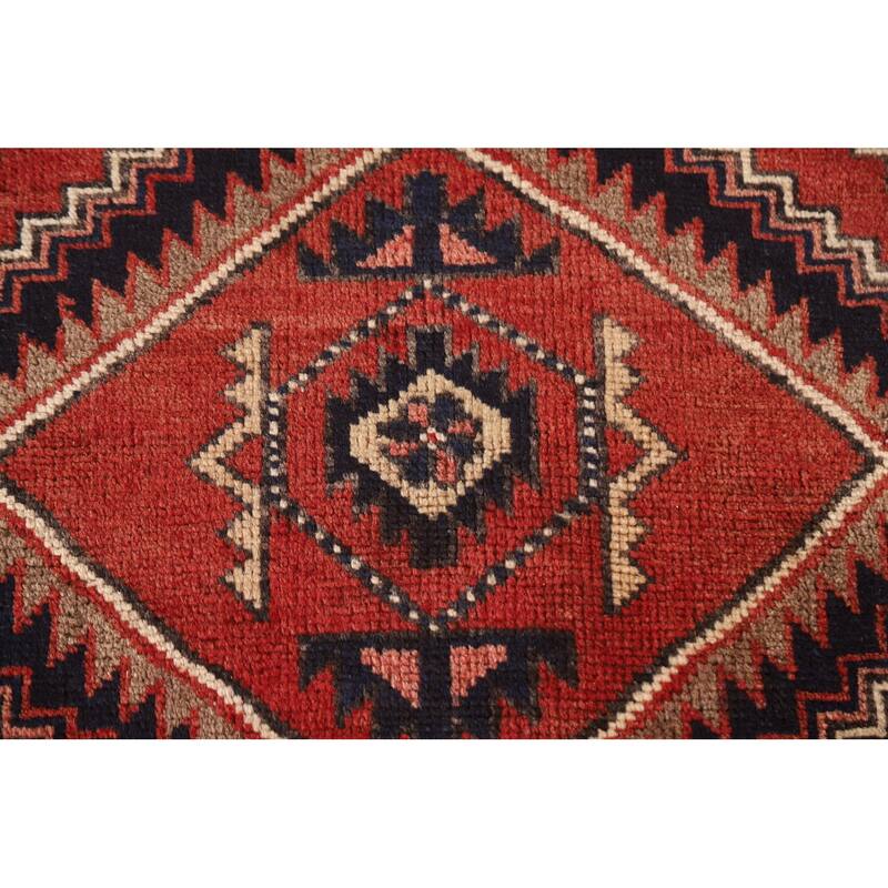 Geometric Red Ardebil Persian Vintage Runner Rug Handmade Wool Carpet - 3'6"x 10'7"