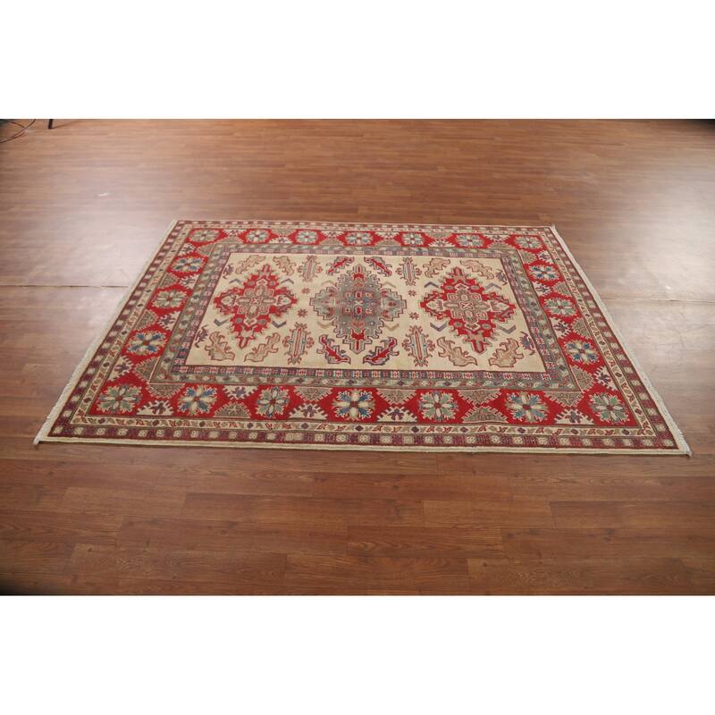Geometric Kazak Area Rug Handmade Beige Wool Carpet - 4'10" x 6'6"