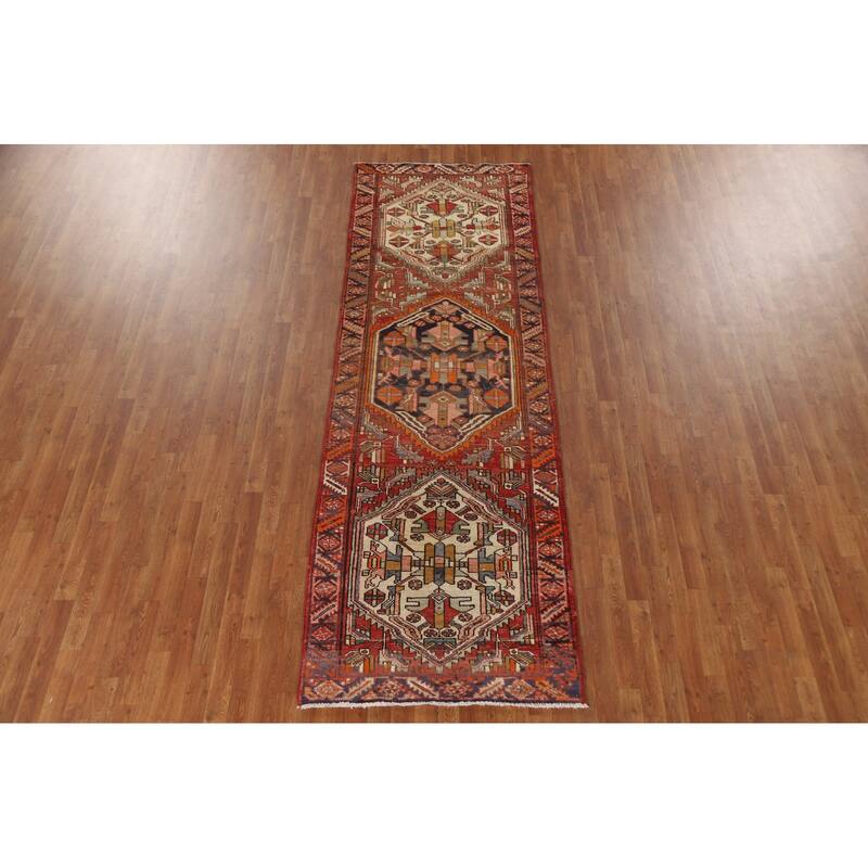 Geometric Hamedan Persian Vintage Runner Rug Hand-knotted Wool Carpet - 3'6"x 10'6"