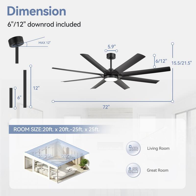 Large 72" 8-Blade Integrated LED Ceiling Fan with Light and Remote
