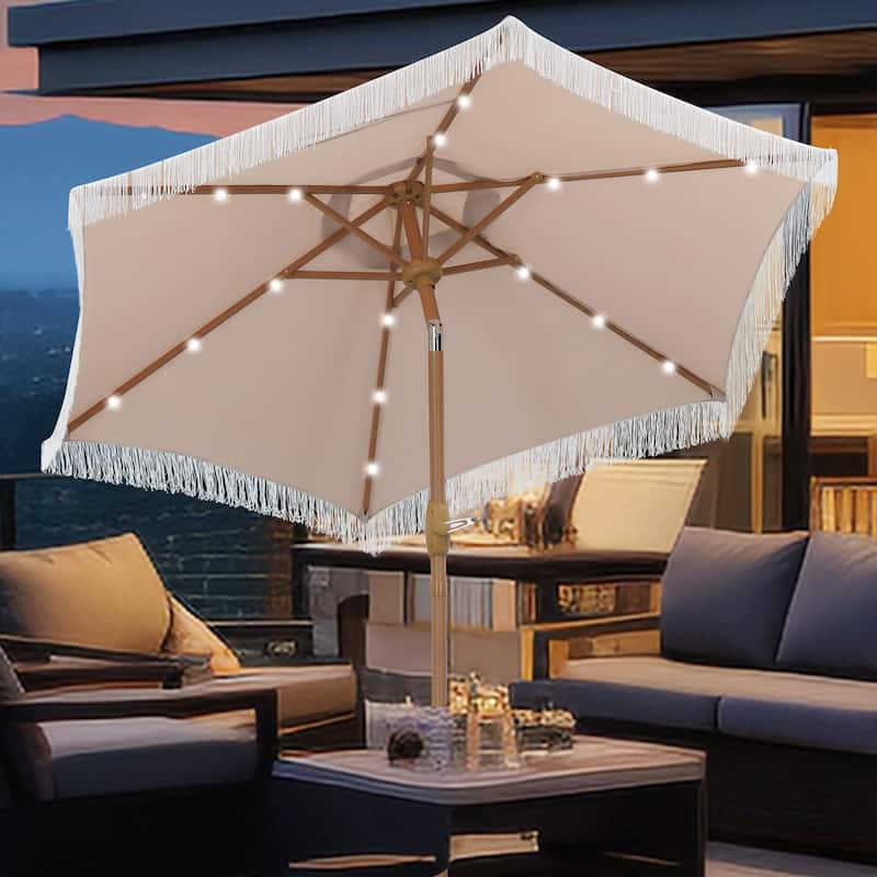 Autlaycil 7.5 ft Patio Umbrella with Tassel, 18 LED Lights Solar Umbrella