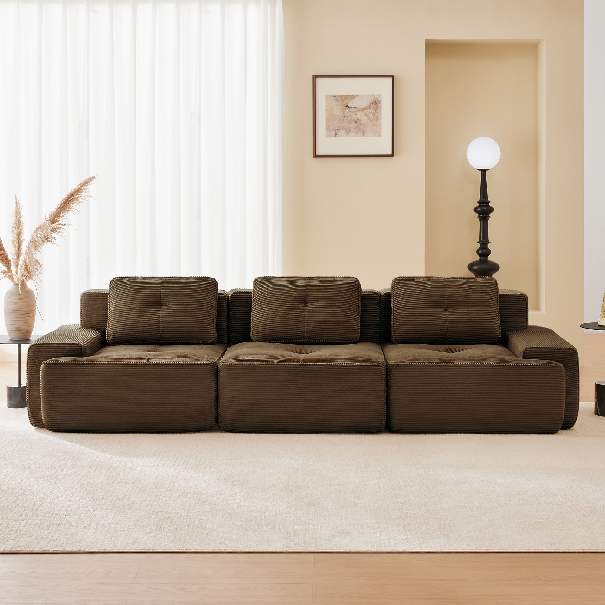 117" Floor Corduroy 3-Seater Sectional Sofa Couch with Tufted Design