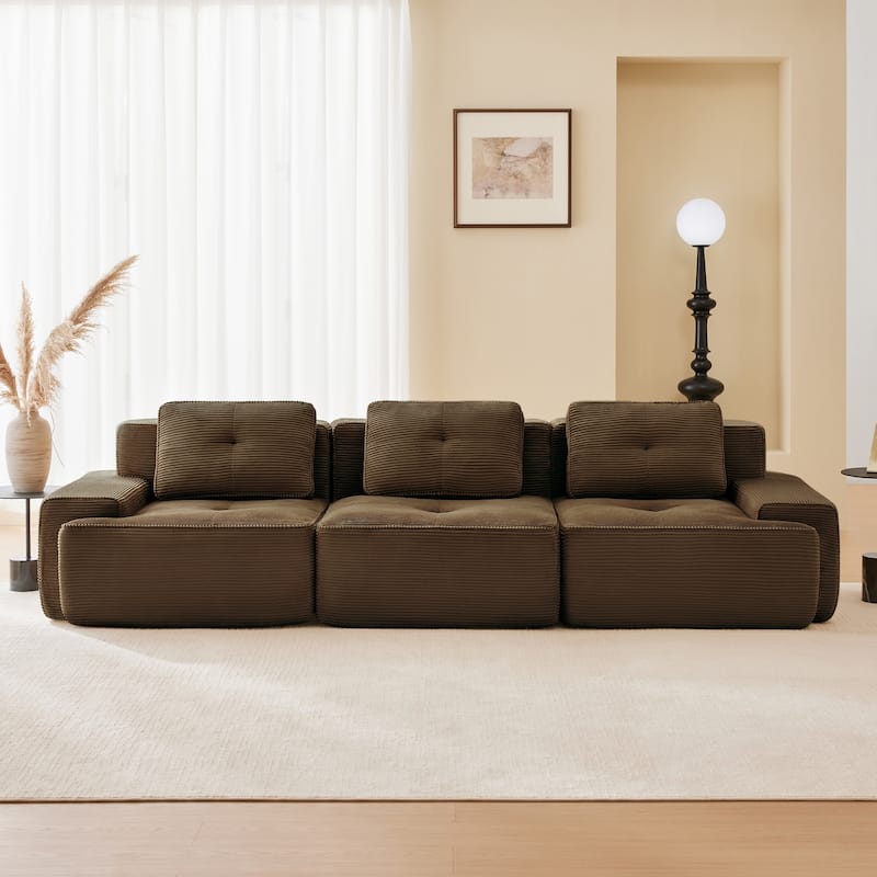 Roomfitters No Assembly Modular Sofa, 117 Inch Corduroy 3-Seater with Piping, Brown