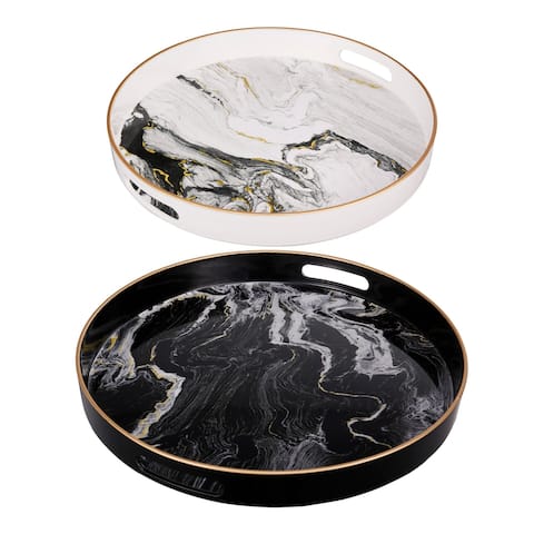 Set of 2 Round Accent Trays, Tabletop Decor, Marbling, Black, White, Gold