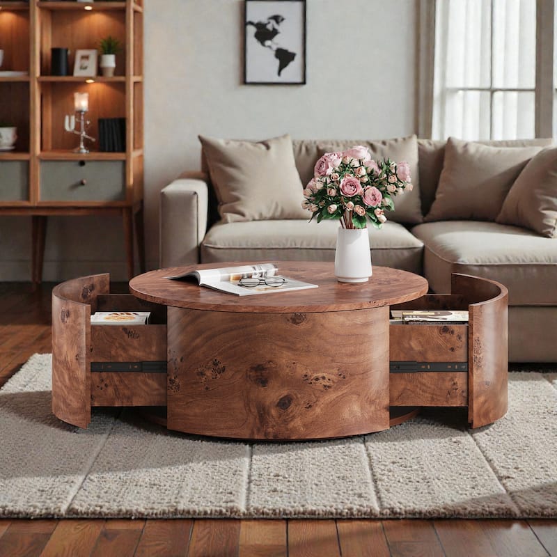 Burl Wood Rotating Coffee Table with 2 Drawers, 28.4 Inch Round Walnut Table with 360 Degree Swivel Top