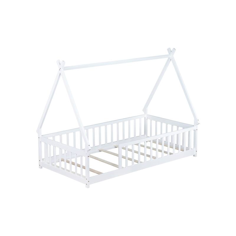 Twin Tent-shaped Floor Bed,Teepee Bed with Guardrails