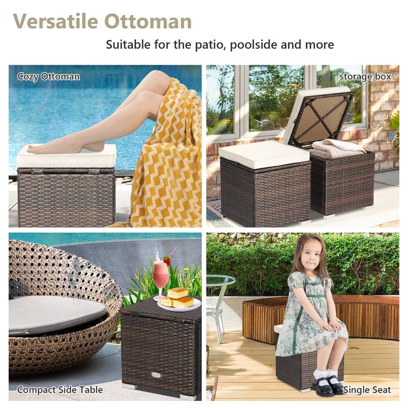 Costway 2PCS Patio Rattan Ottomans Seat Side Table Storage Box - See Details