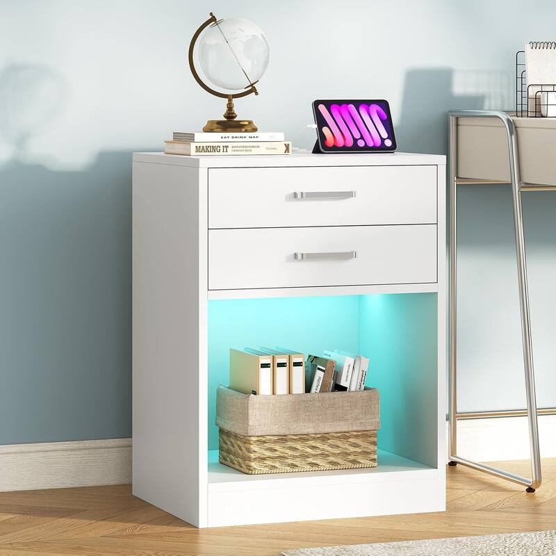LED Nightstands Set of 2 Nightstand Bedroom Power Outlets 2 Drawers