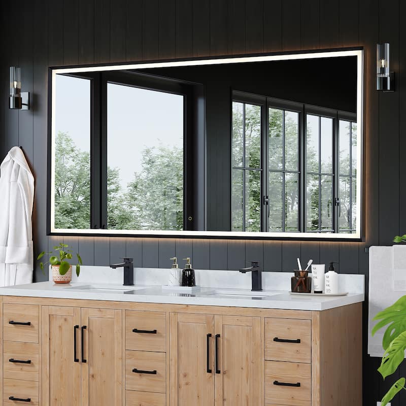 Apollo Rectangular Anti-Fog Dimmable Modern Bathroom/Vanity LED Lighted Wall Mirror in Matte Black Aluminum Framed