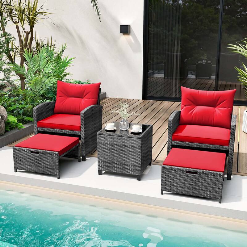 Costway 5 Piece Patio Rattan Furniture with 2 Ottomans & Tempered - See Details - Red