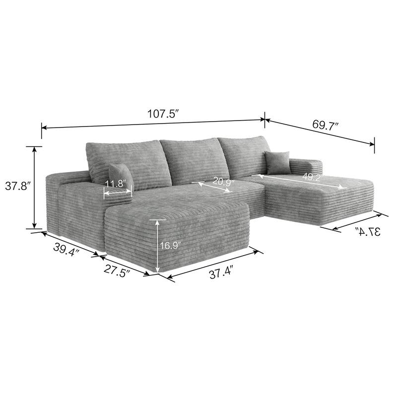 Sofa 107-in Casual Gray 3 -seater Right Reclining Sectional with 1 Ottoman - 8' x 10'