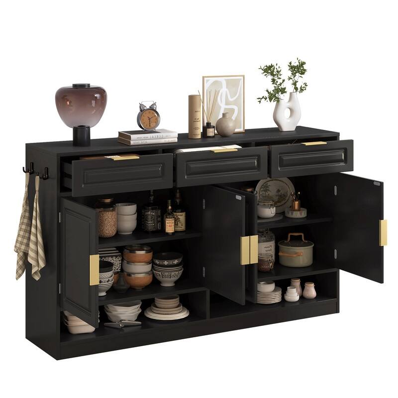 Farmhouse 59.1" Sideboard Cabinet with 3 Drawers and Open Shelf for Dining Room, Living Room, Entryway