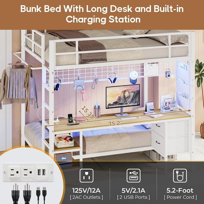 Loft Bed with Desk Gaming Bunk Bed LED Lights Charging Station