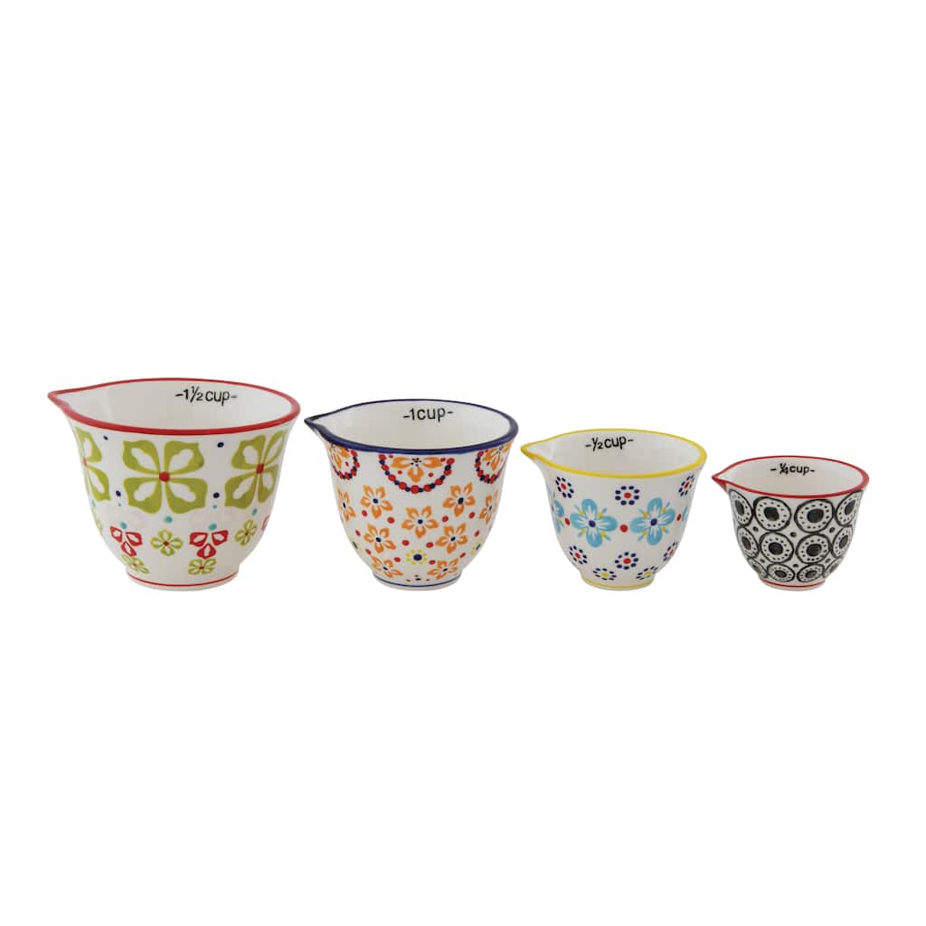 Floral Hand Stamped Stoneware Measuring Cups (Set of 4 Sizes/Designs)