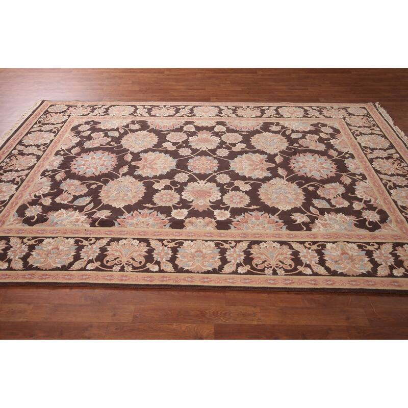 All-Over Brown Floral Kashan Turkish Area Rug Machine Made Carpet - 6'5" x 9'9"