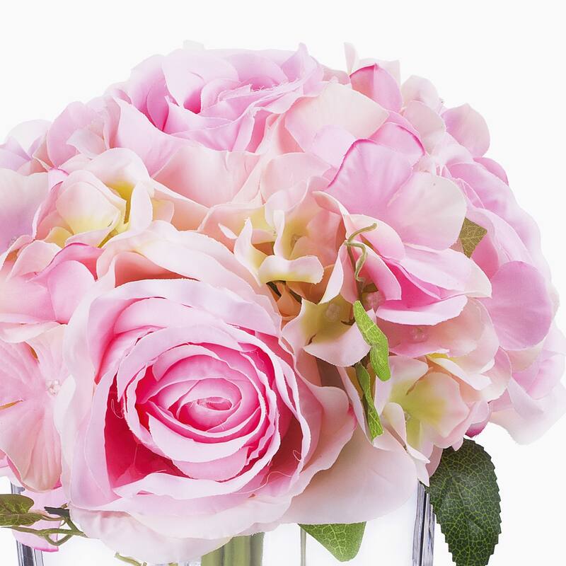 Enova Home Artificial Silk Hydrangea and Fake Roses Flowers Arrangement in Cube Glass Vase with Faux Water for Home Decoration