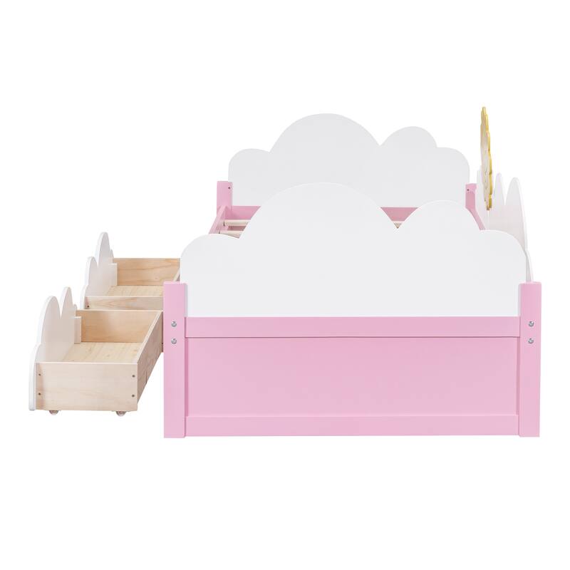 Twin Size Bed Wood Platform Bed with 2 Storage Drawers with Clouds and ...
