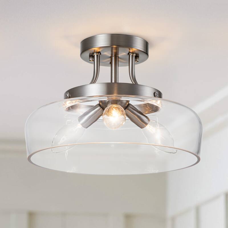 C Cattleya 3-Light Satin Nickel Semi Flush Mount Ceiling Light with Glass Shade - Satin Nickel