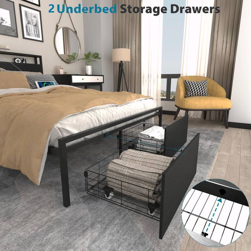 Full Size Bed Frame with Storage Headboard, 2 Drawers, LED Lights, and Charging Station