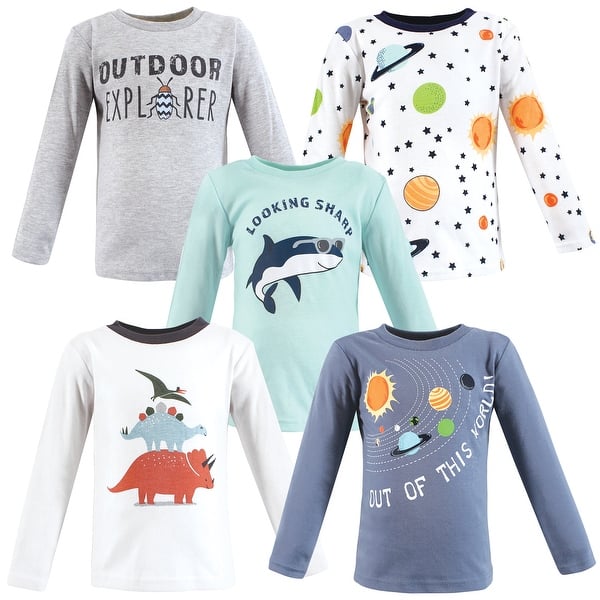 slide 1 of 1, Hudson Baby Infant Boy Long Sleeve T-Shirts, Solar System Shark 12-18 Months - Solar System Shark