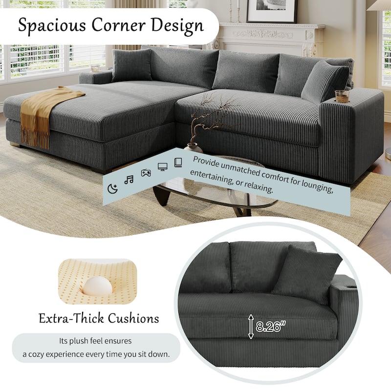 111.5" Corduroy Sectional Sofa Oversized 3 Seat L Shaped Sofa with 2 Built-in Cup Holders and Charging Ports