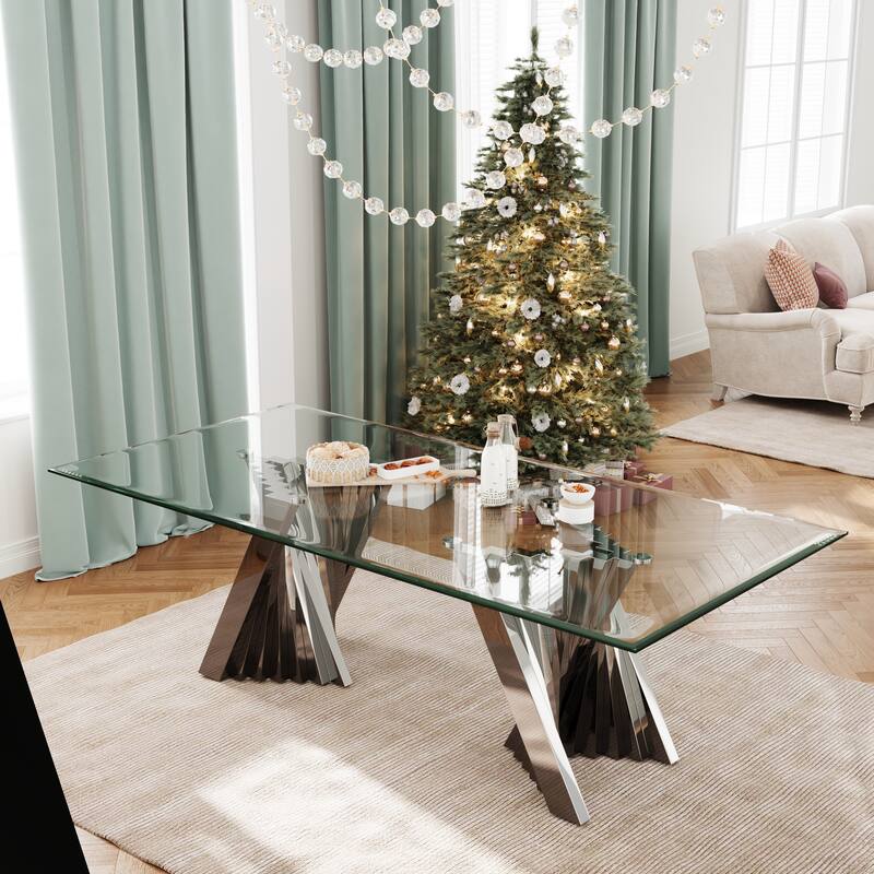 Luxury 78 inch Glass Dining Table with Mirrored Stainless Steel Base - Silver - 94 inch