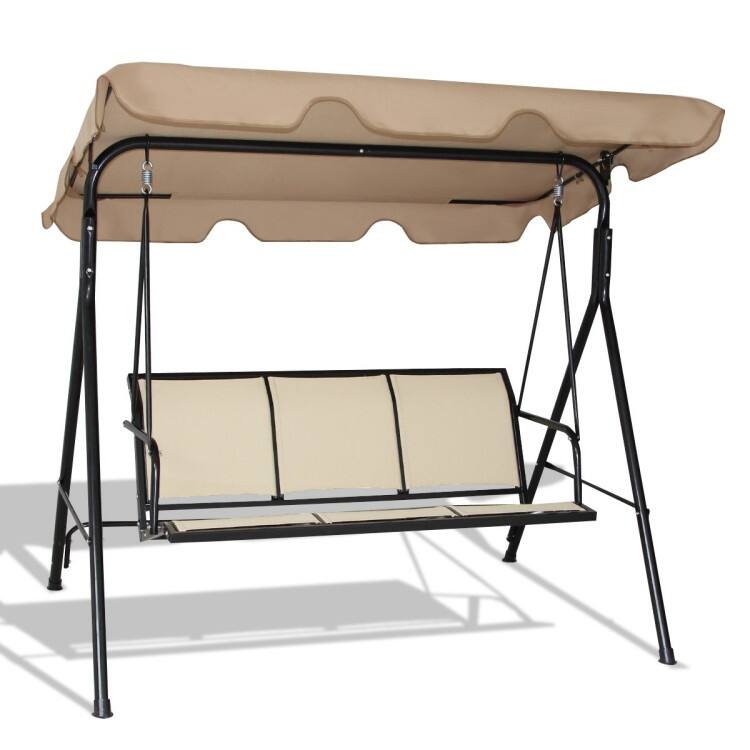 3 Person Steel Frame Patio Swing with Polyester Angle and Adjustable Canopy - Brown - 67" x 43.5" x 60.5" (L x W x H)