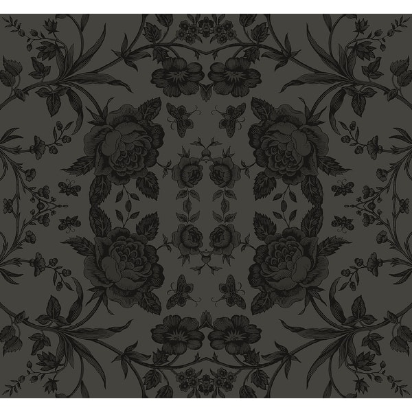 slide 2 of 4, Seabrook Designs Keanna Rose Kaleidoscope Unpasted Wallpaper 27 in. W x 27 ft. L - Metallic Charcoal & Inkwell