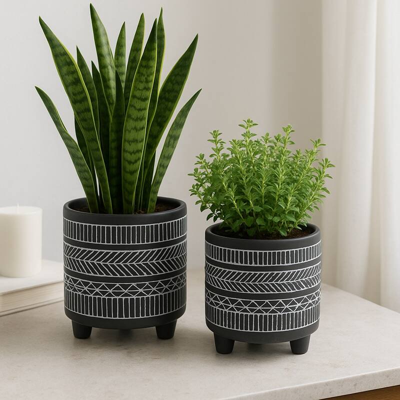 Ceramic Patterned Footed Planter - Set of 2 - 6" - 8" - 8.0" x 8.0" x 8.0" - Grey
