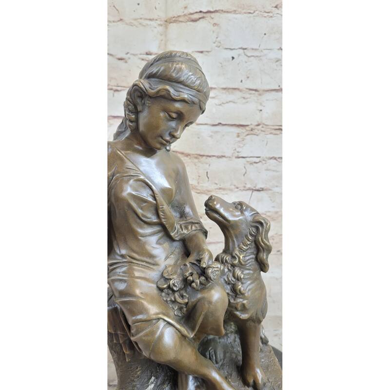 Clical Girl With Puppy Imitative Dog Bronze Statue Sculpture Figure On Marble Base 15 Inches X 8 Inches