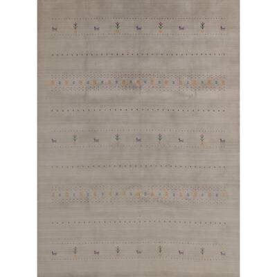 Tribal Gabbeh Area Rug Hand-Knotted Grey Wool Carpet - 7'11"x 9'7"