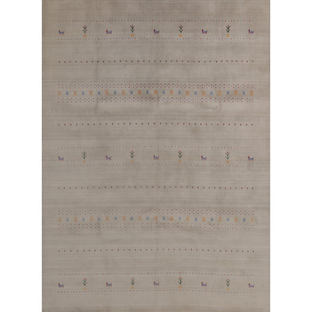 Tribal Gabbeh Area Rug Hand-Knotted Grey Wool Carpet - 7'11"x 9'7"