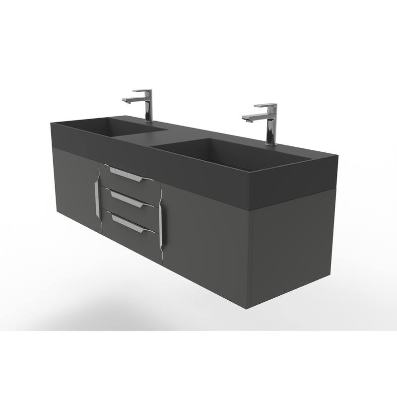 Amazon 60" Wall Mounted Bathroom Vanity Set w/ Black Top