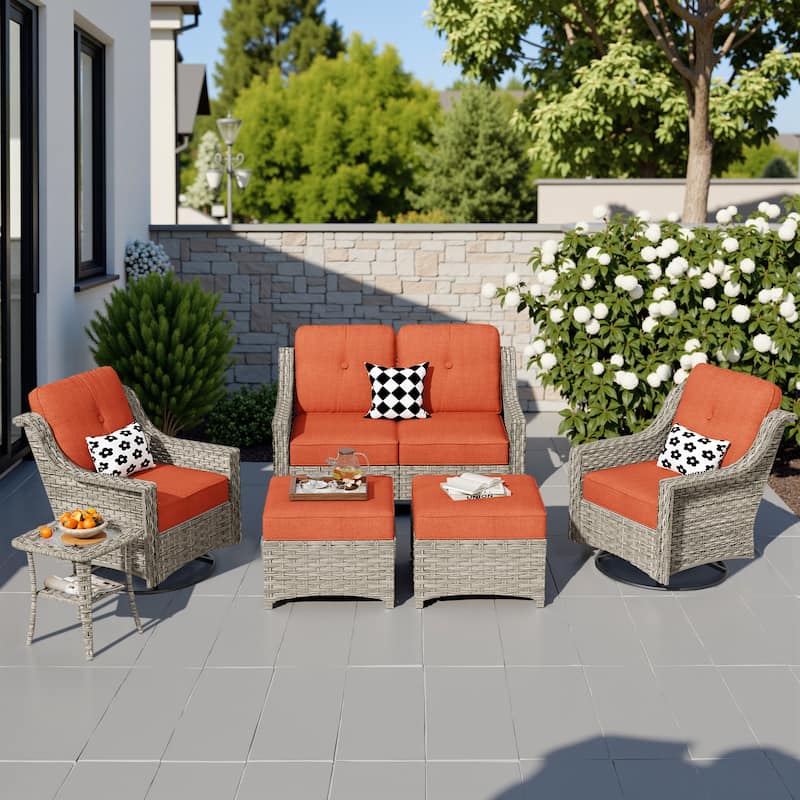 HOOOWOOO 6-piece Wicker Furniture Patio Loveseat Sofa Conversation Set with Swivel Chair