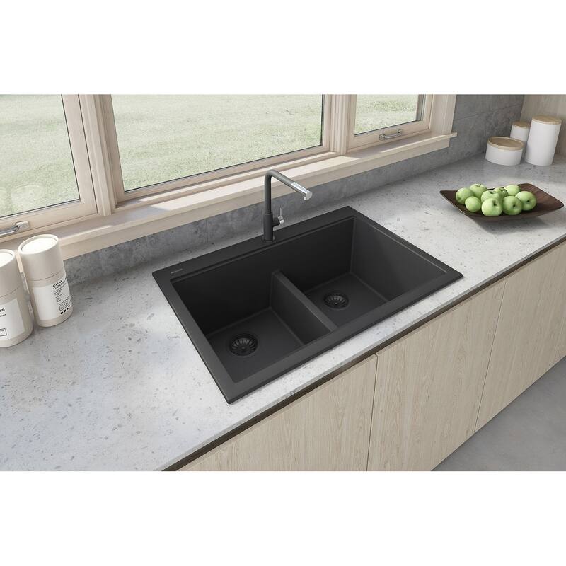 Ruvati 33 x 22 inch epiGranite Drop-in TopMount Granite Composite Double Bowl Low Divide Kitchen Sink - Midnight Black
