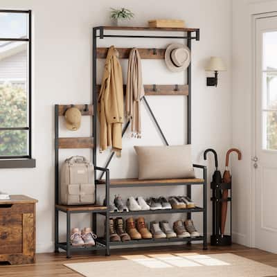 KEIKI Hall Tee With Stoage Cabinet, Hooks & Shelves Antique
