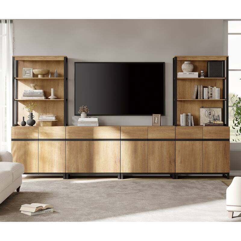 WAMPAT Modern TV Stand with 3 Tiers Bookshelf, Farmhouse Entertainment Center with 4 Large Storage Cabinets and Adjustable Shelf