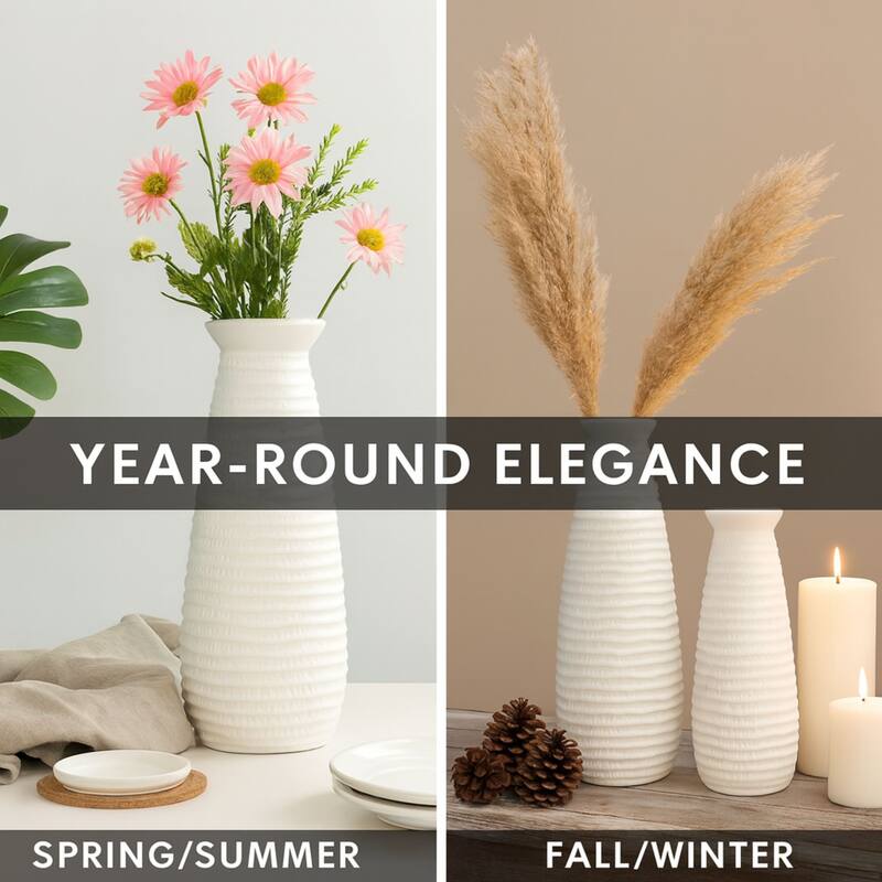 White Ceramic Vase Set of Two with Matte Finish and Cylindrical Shape