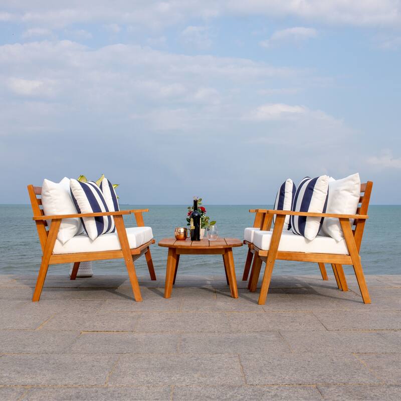 SAFAVIEH Outdoor Deacon 4-piece Conversation Patio Set. - 49" W x 30" D x 31" H - Natural/Beige/White Navy Striped