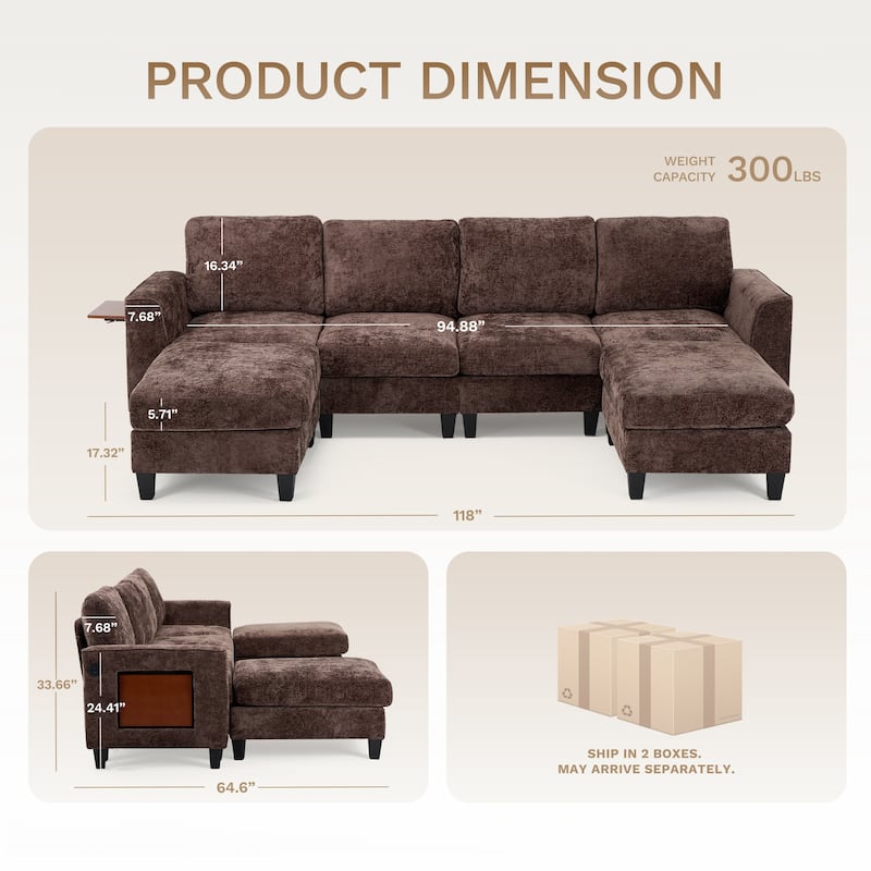 118" U-Shaped Modular Sectional with Storage Ottomans & Drop-Leaf Table - 4-Seat Plush Fabric Sofa for Large Living Rooms