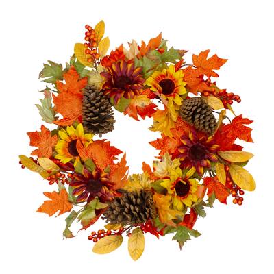 Sunflower Foliage and Pine Cone Fall Harvest Wreath - 24 inch Unlit - N/A