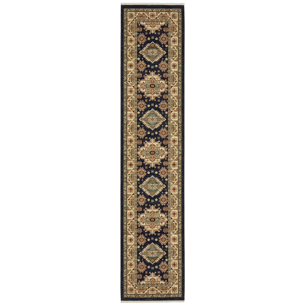 Style Haven Leander Tribal Medallion Navy/ Multi Fringed Wool Blend Area Rug.