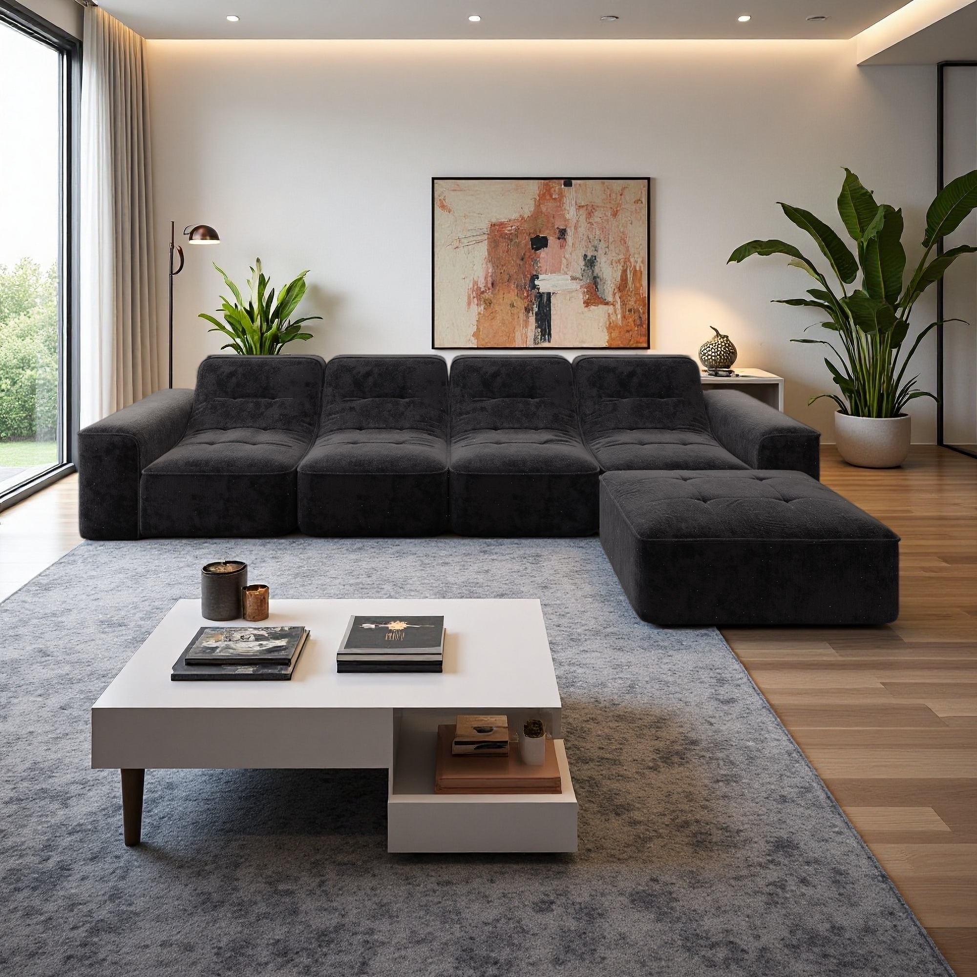 143.7" Chenille Modular Sectional Sofa with Ottoman, Tufted Design and Deep Seat (5-Seater)